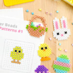 Free printable Easter Perler bead patterns featuring a bunny, eggs, chicks, and more