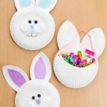 Cute and colourful paper plate Easter baskets shaped like a bunny