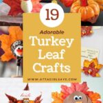collage of Thanksgiving turkey craftss made with leaves