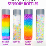 4 different rainbow coloured sensory bottles made with water beads
