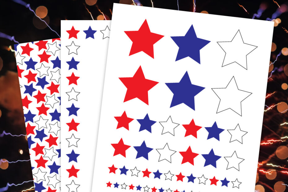 Preview of three pages of the red white and blue stars printable download on top of a nighttime sparkler background image.