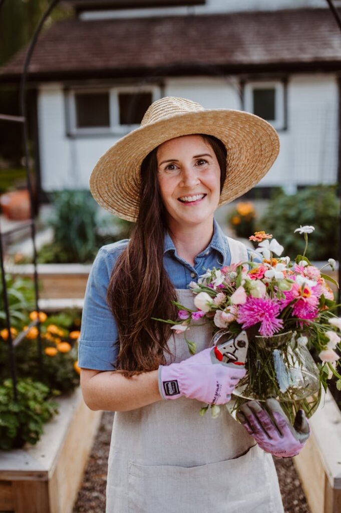 Happy Gardener Holding Fresh Flower Bouquet